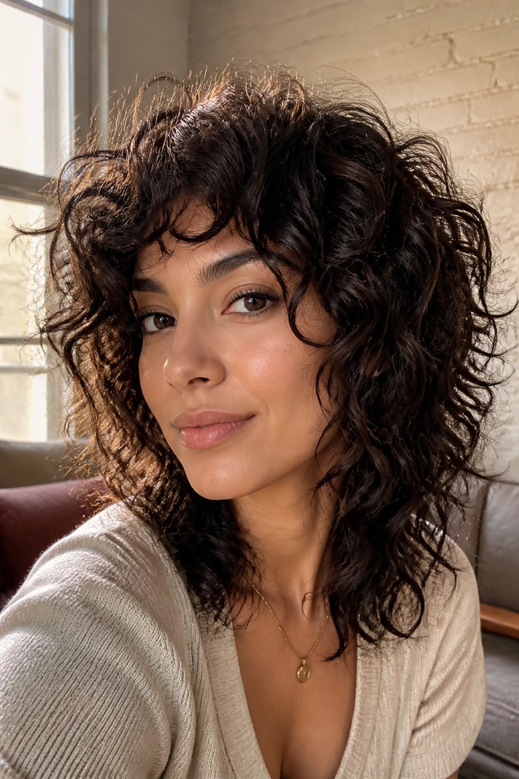 Close-up of a real woman with a layered wash-and-go shag in a sunlit living room