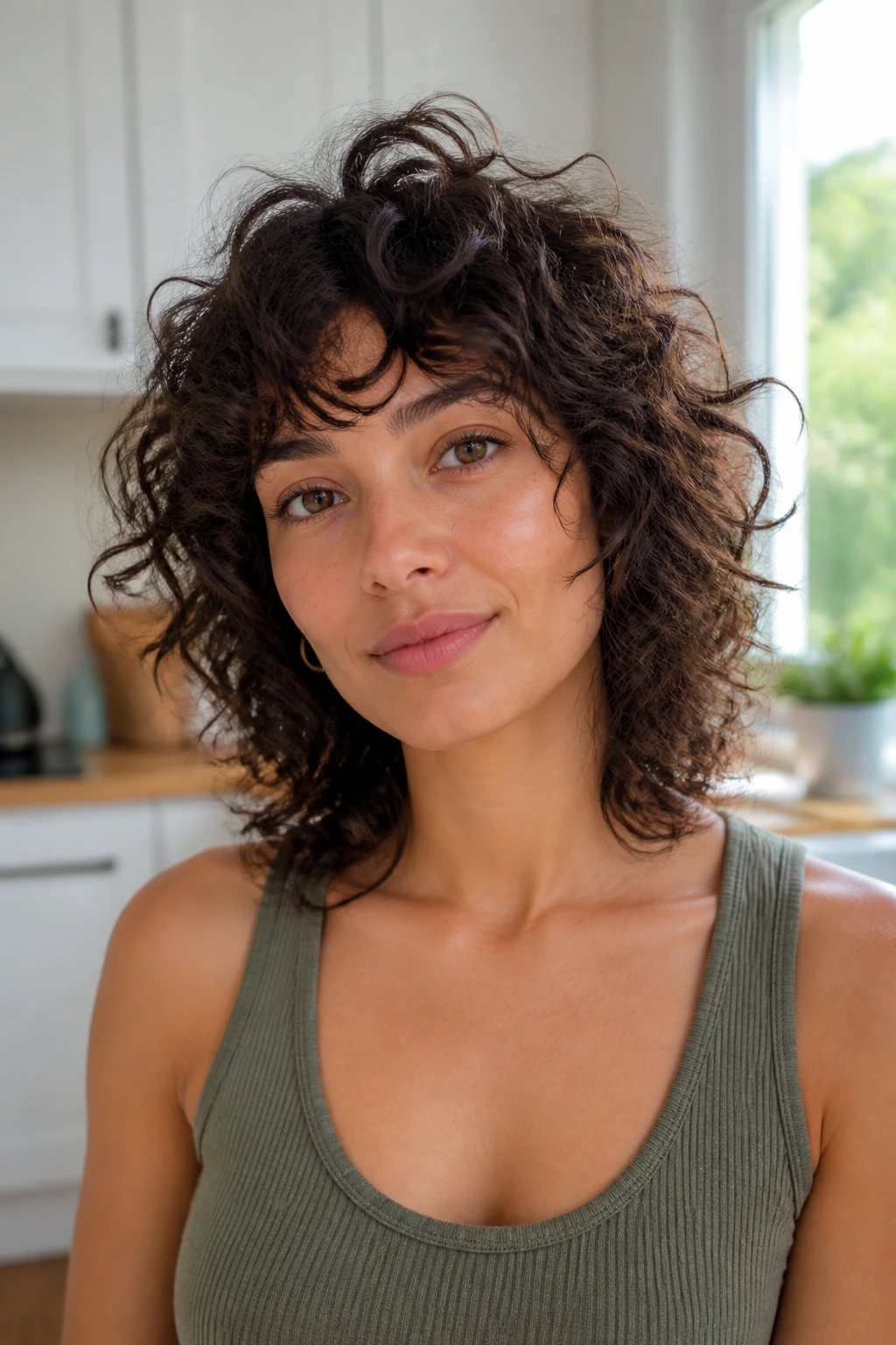 Medium close-up of a real person with wash-and-go curly shag in a sunlit kitchen