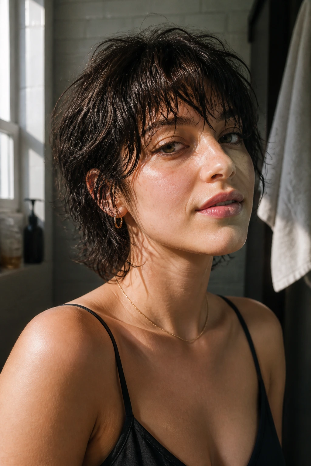 Close-up of a real person with a damp wash-and-go shag showing movement during drying.