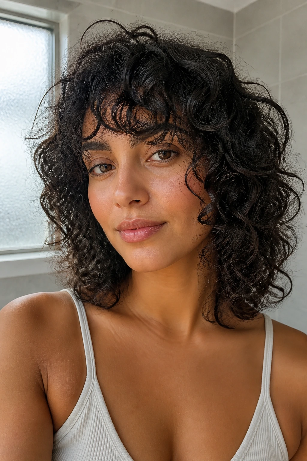 Close-up of woman with wash-and-go shag showing defined natural curls