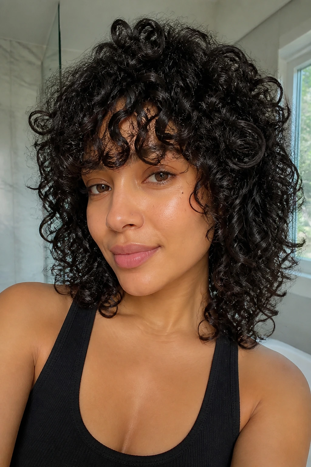 Close-up of a real person with Wash-and-Go Shag showing natural curl clumps