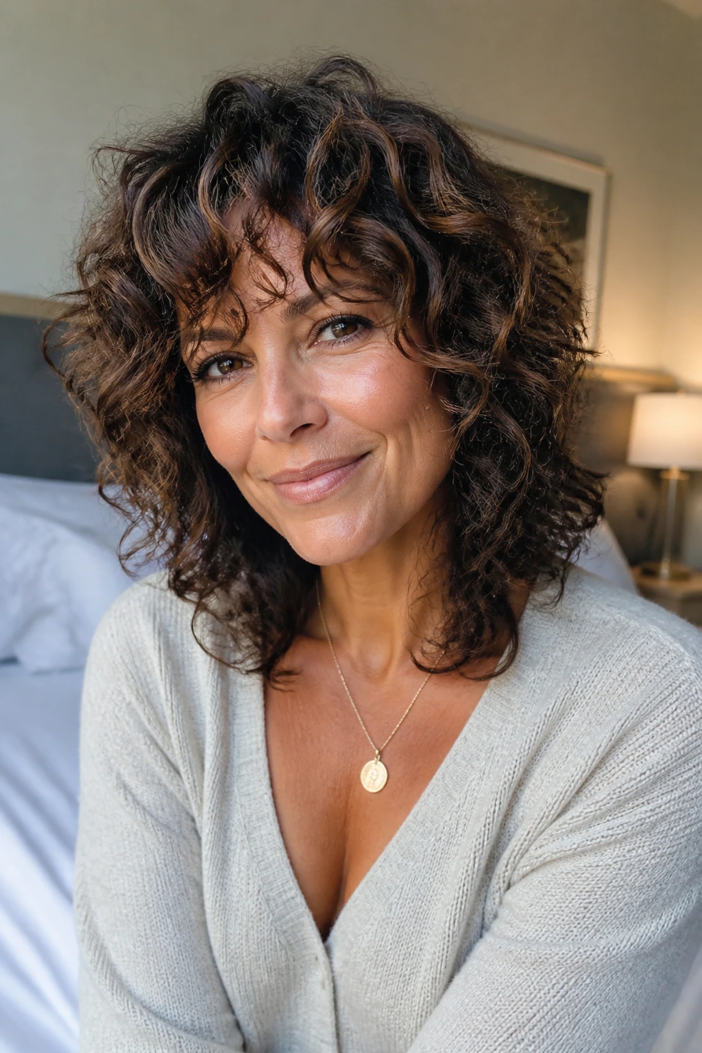 Close-up portrait of a real woman with a wash-and-go shag in natural light