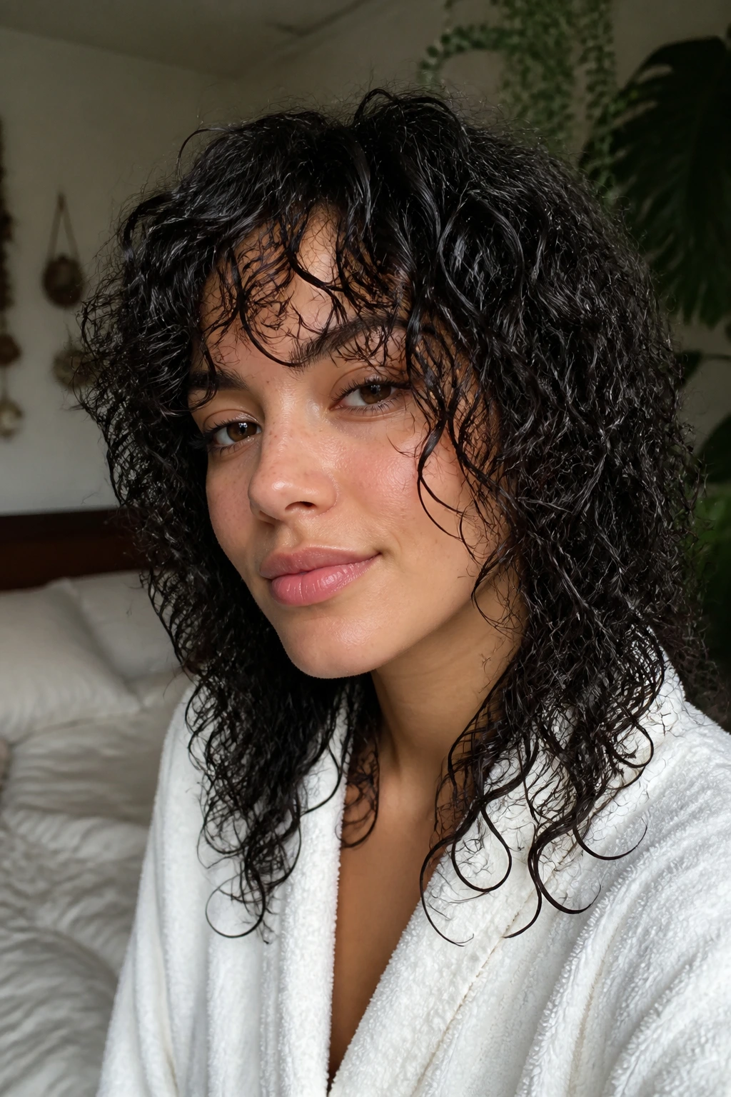 Close-up portrait of a real person with wash-and-go shag hair falling naturally