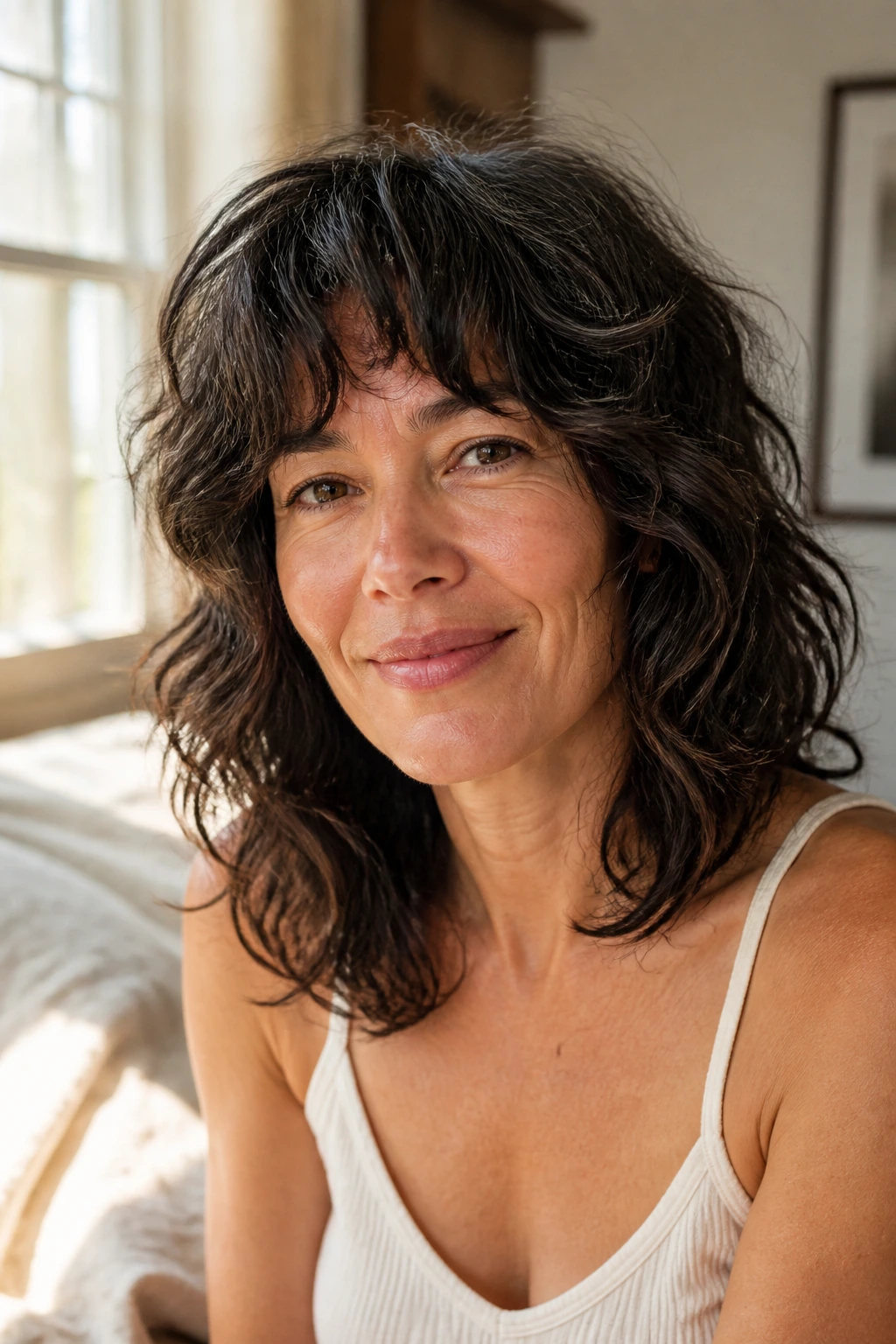 Portrait of woman with wash-and-go natural shag and natural waves.
