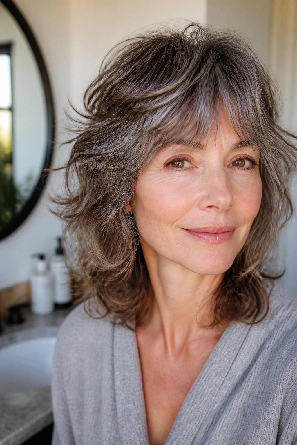 Woman with wash-and-go shag showing natural wave in a bathroom setting