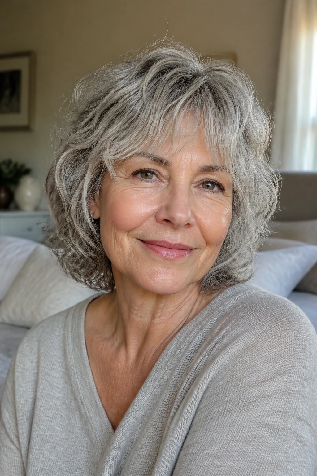 Close-up portrait of a real woman with a wash-and-go shag in a sunlit bedroom