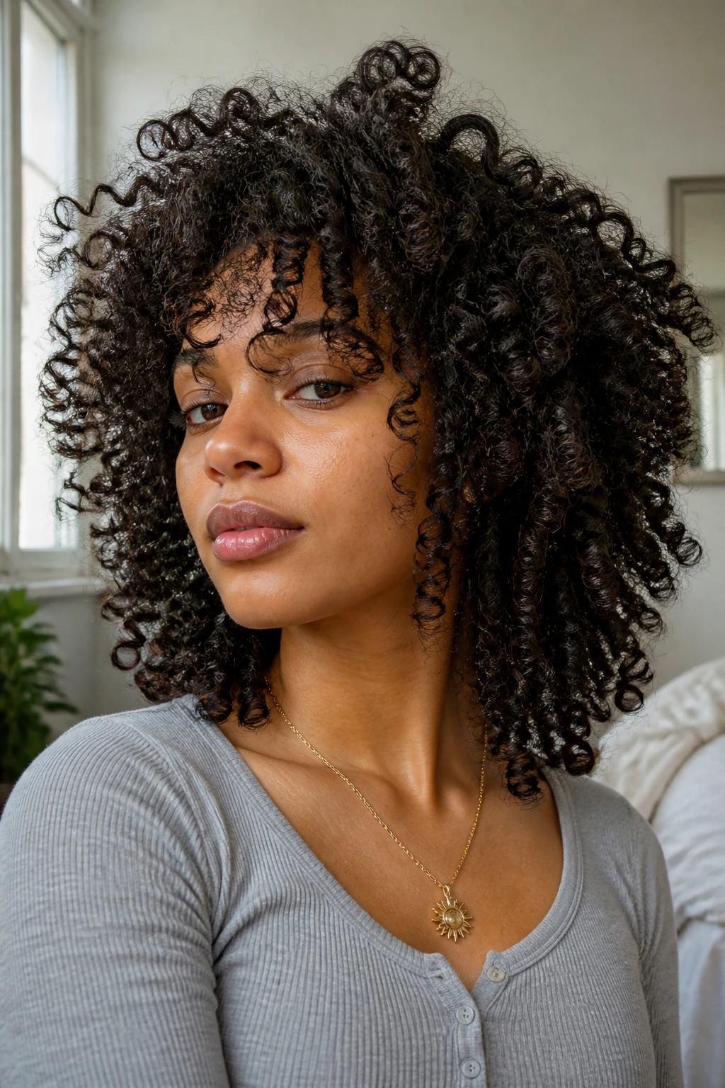 Close-up portrait of a real person with wash-and-go shag for natural curls