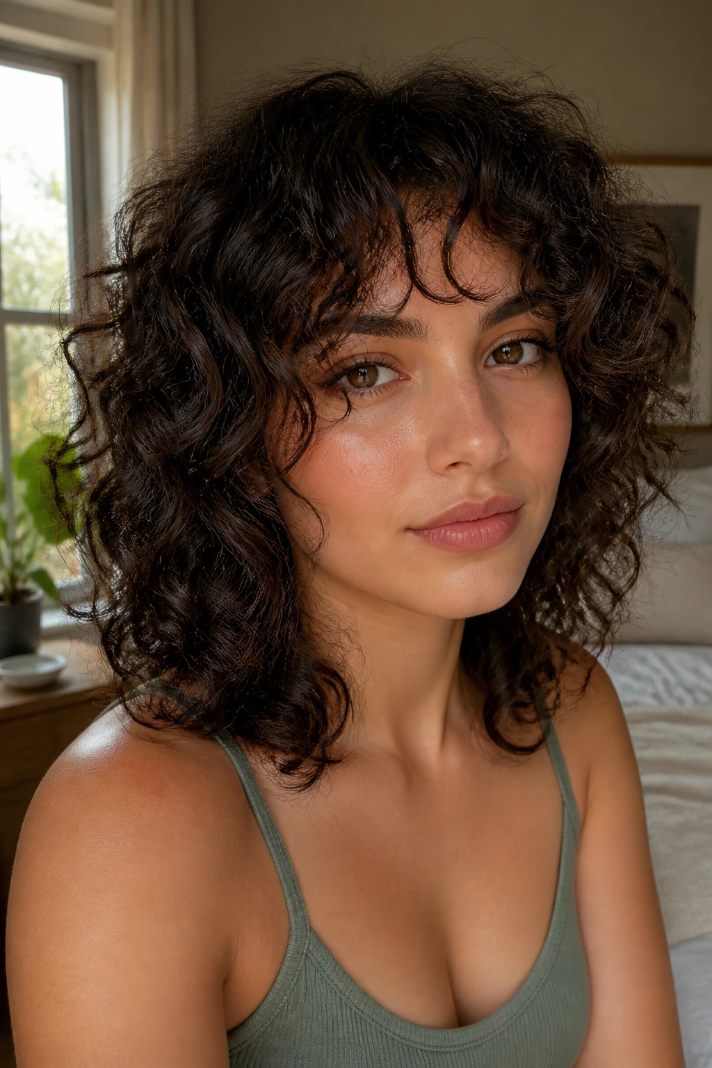 Close-up of a real person with wash-and-go shag and wispy bangs