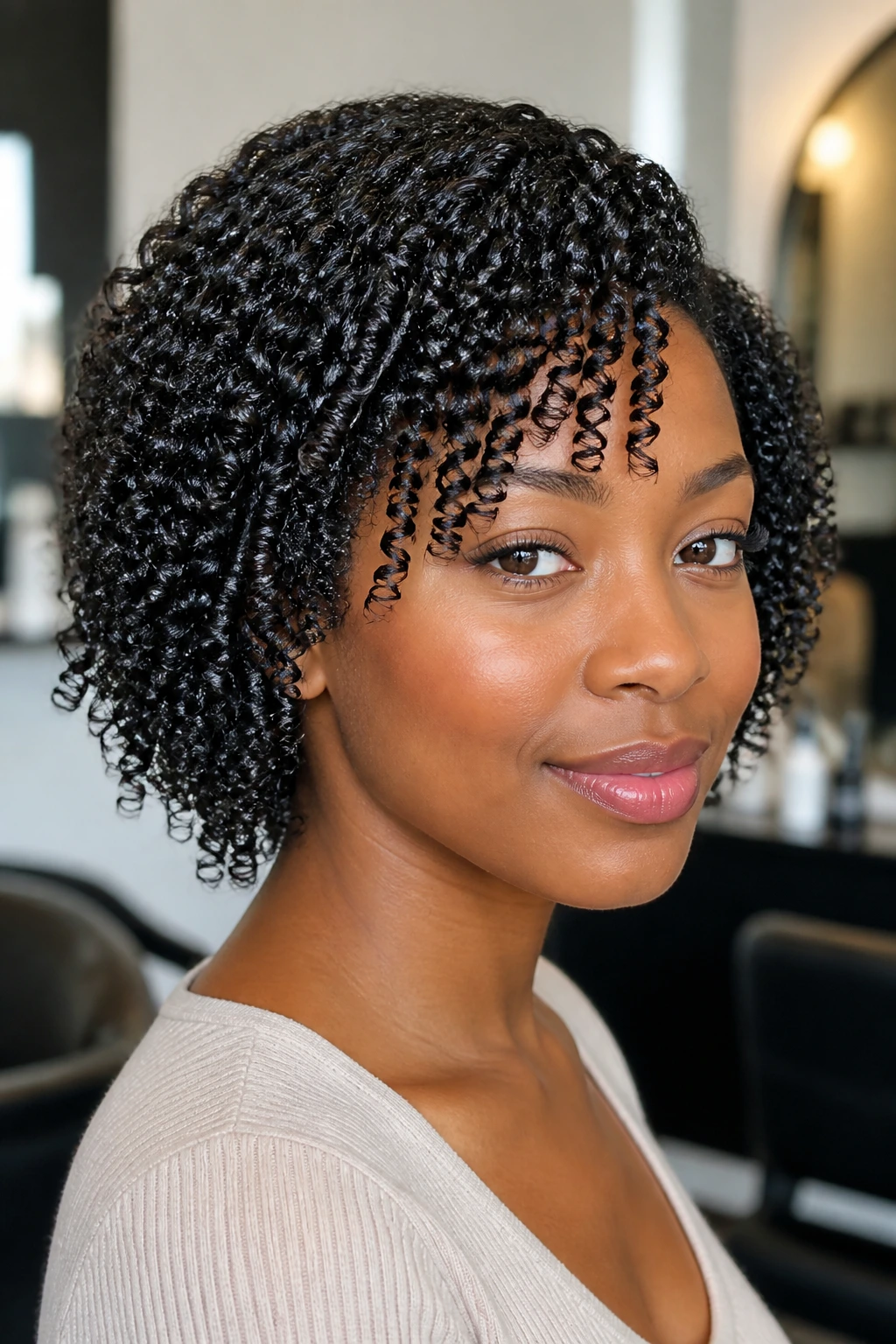Close-up of a real woman with glossy shingled wash-and-go curls.