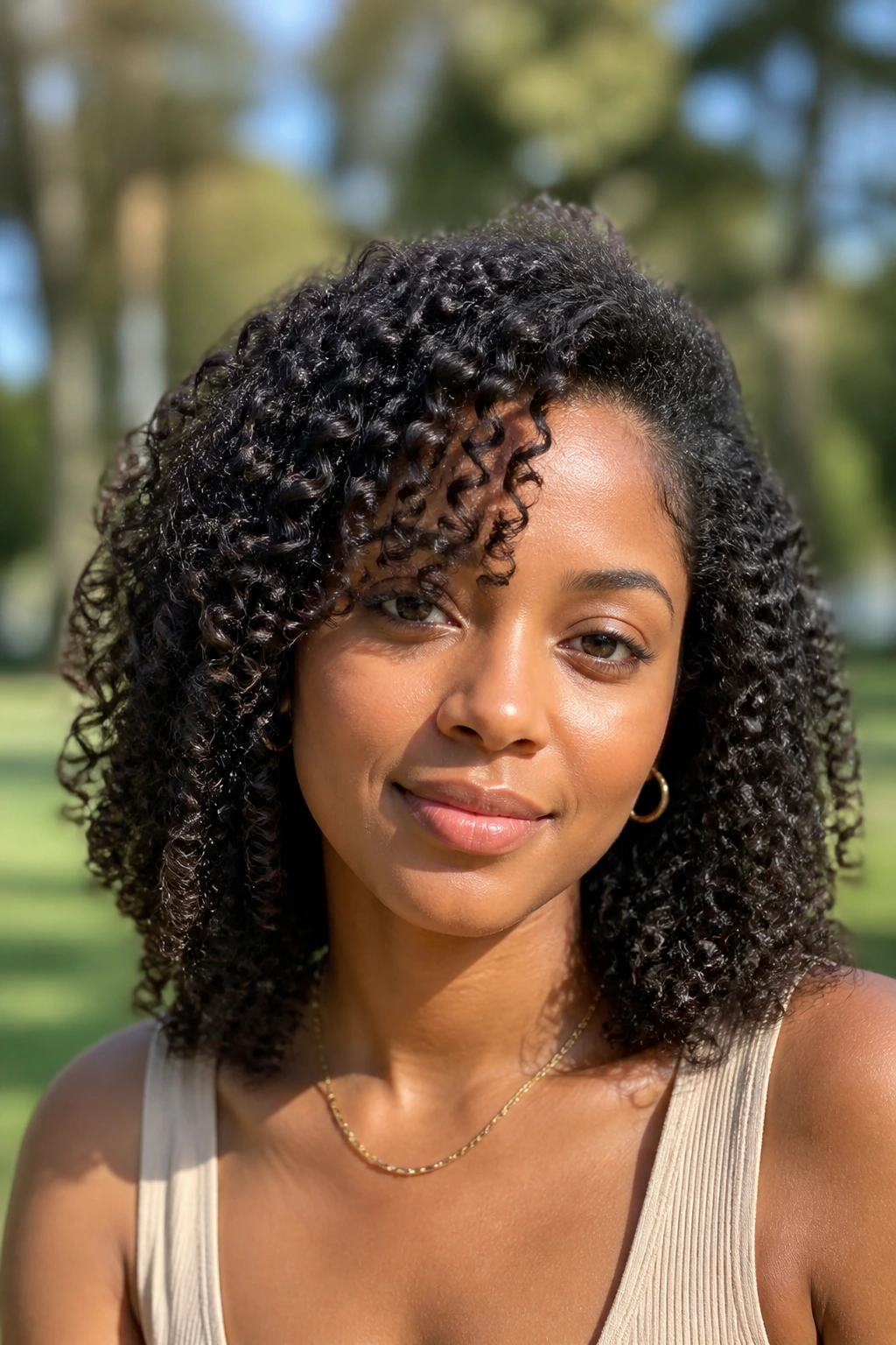 Close-up of real person with wash-and-go shoulder cut in natural light