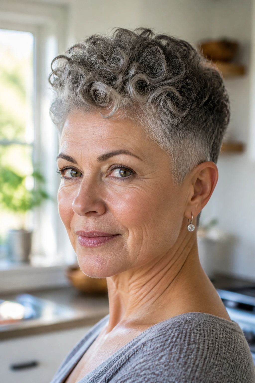 Portrait of a real woman with tapered perm, top curls, in bright kitchen light.