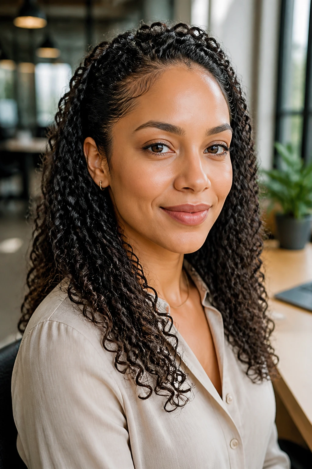 Defined wash-and-go with tucked sides on a real woman in a coworking space