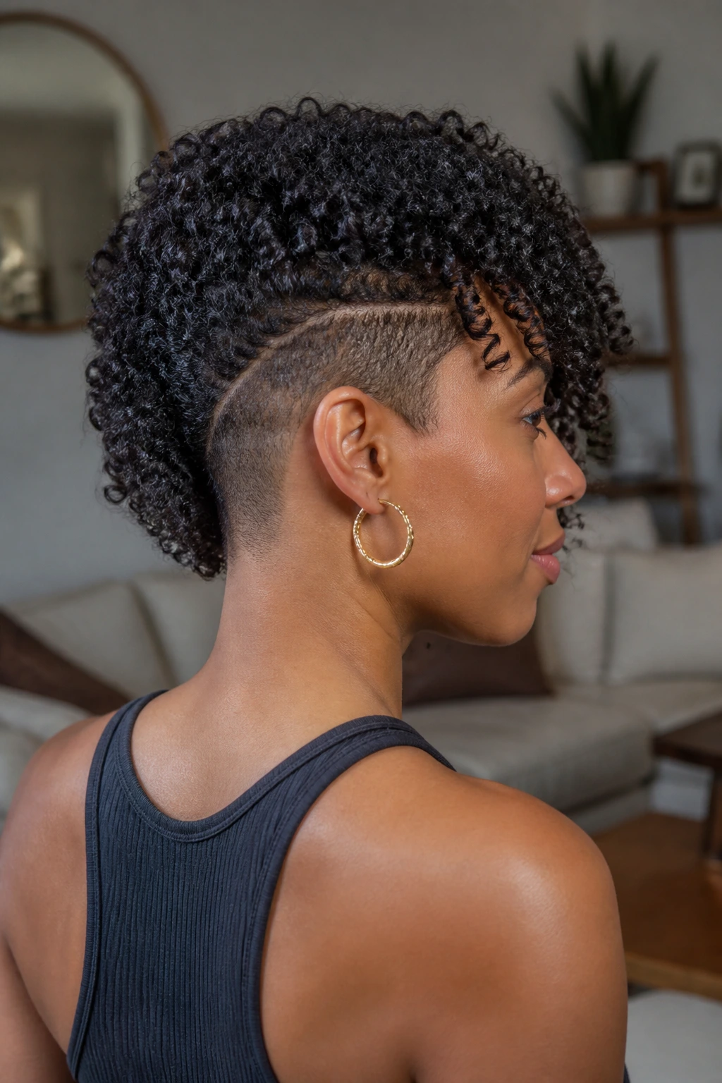 Side profile of a real woman with defined curls and a hidden undercut.