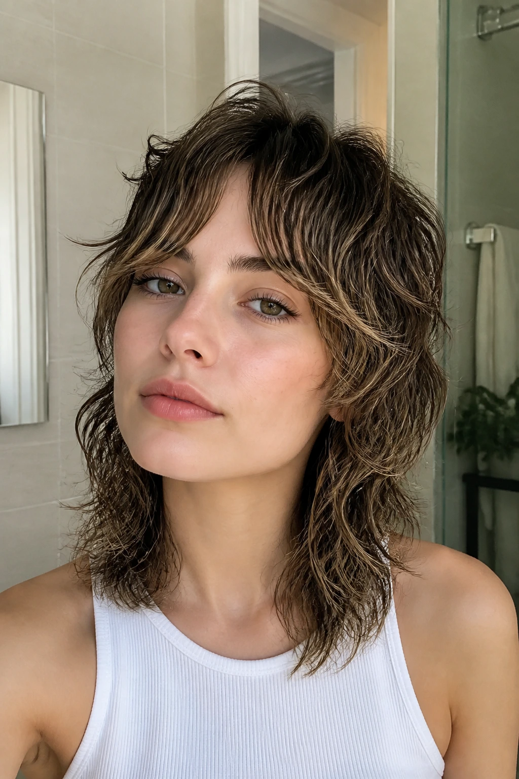 Close-up portrait of a real person with a wash-and-go wolf cut