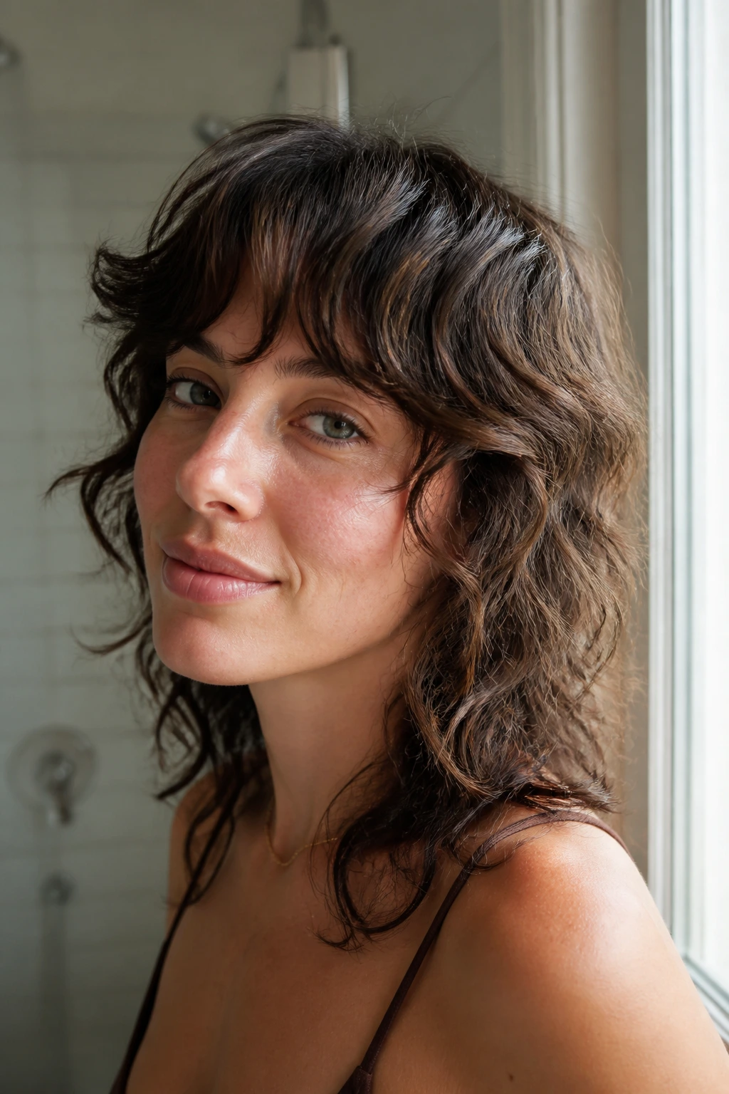 Close-up of a real woman with a wash-and-go wolf cut in a softly lit bathroom