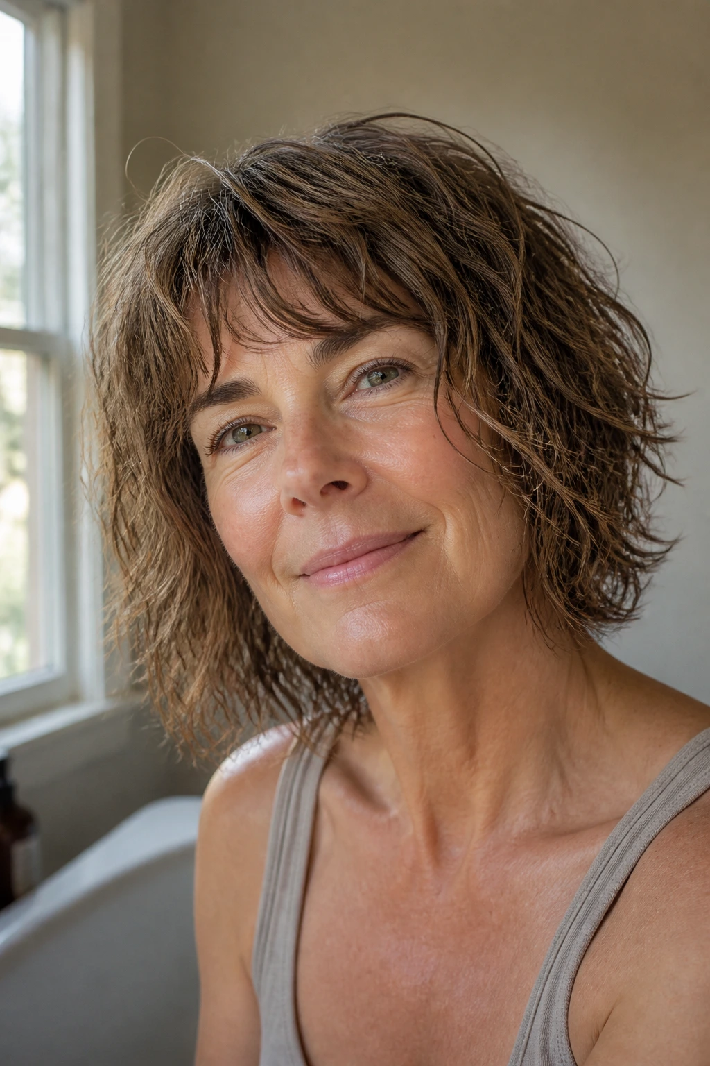 Close-up of wash-and-wear shag with towel-dried waves