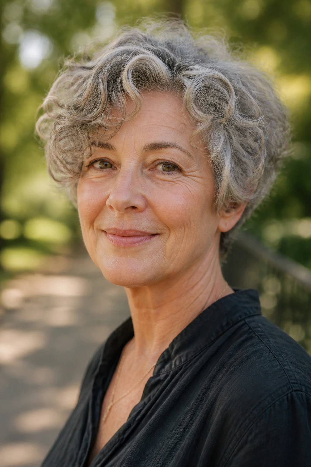 Close-up of a real woman with natural textured wash-and-wear cut