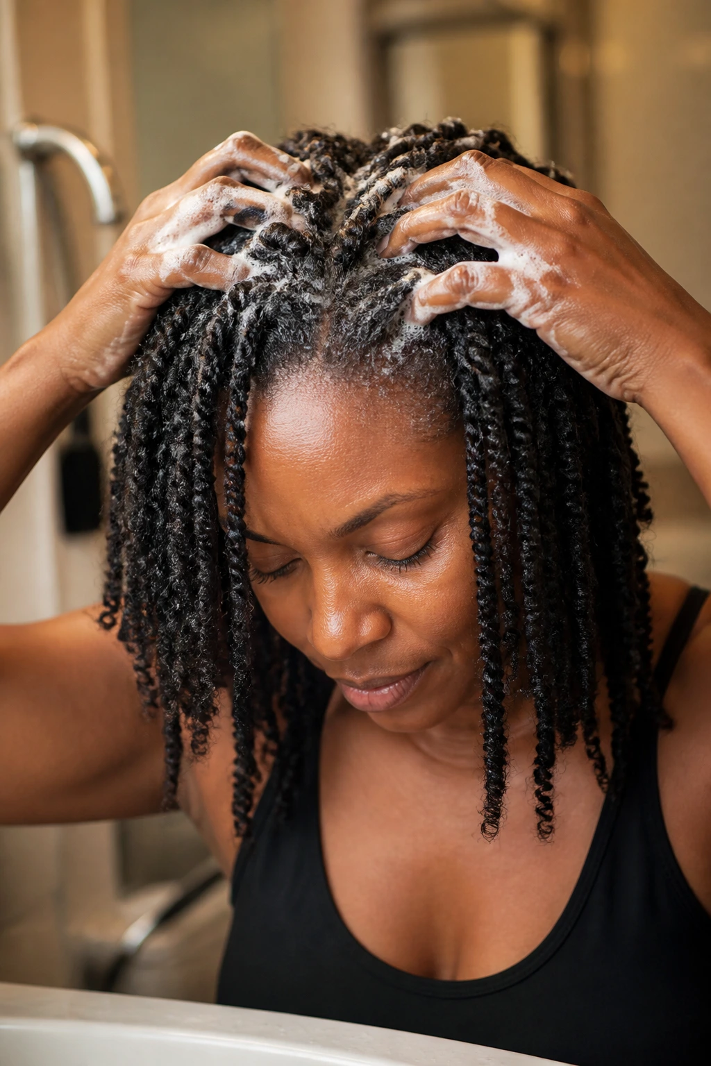 Portrait of a person washing scalp during wash-day routine for twists.
