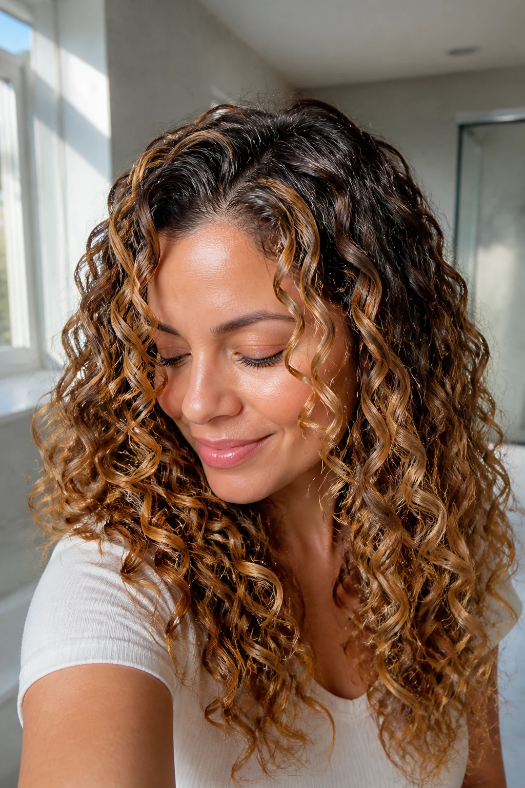 Close-up of honey-colored highlights on curls during wash day in a bathroom setting