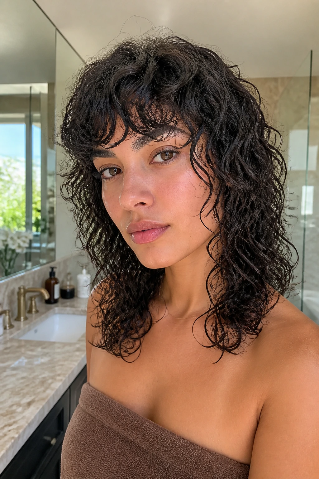 Medium close-up of a real woman with damp curly shag in a bathroom.