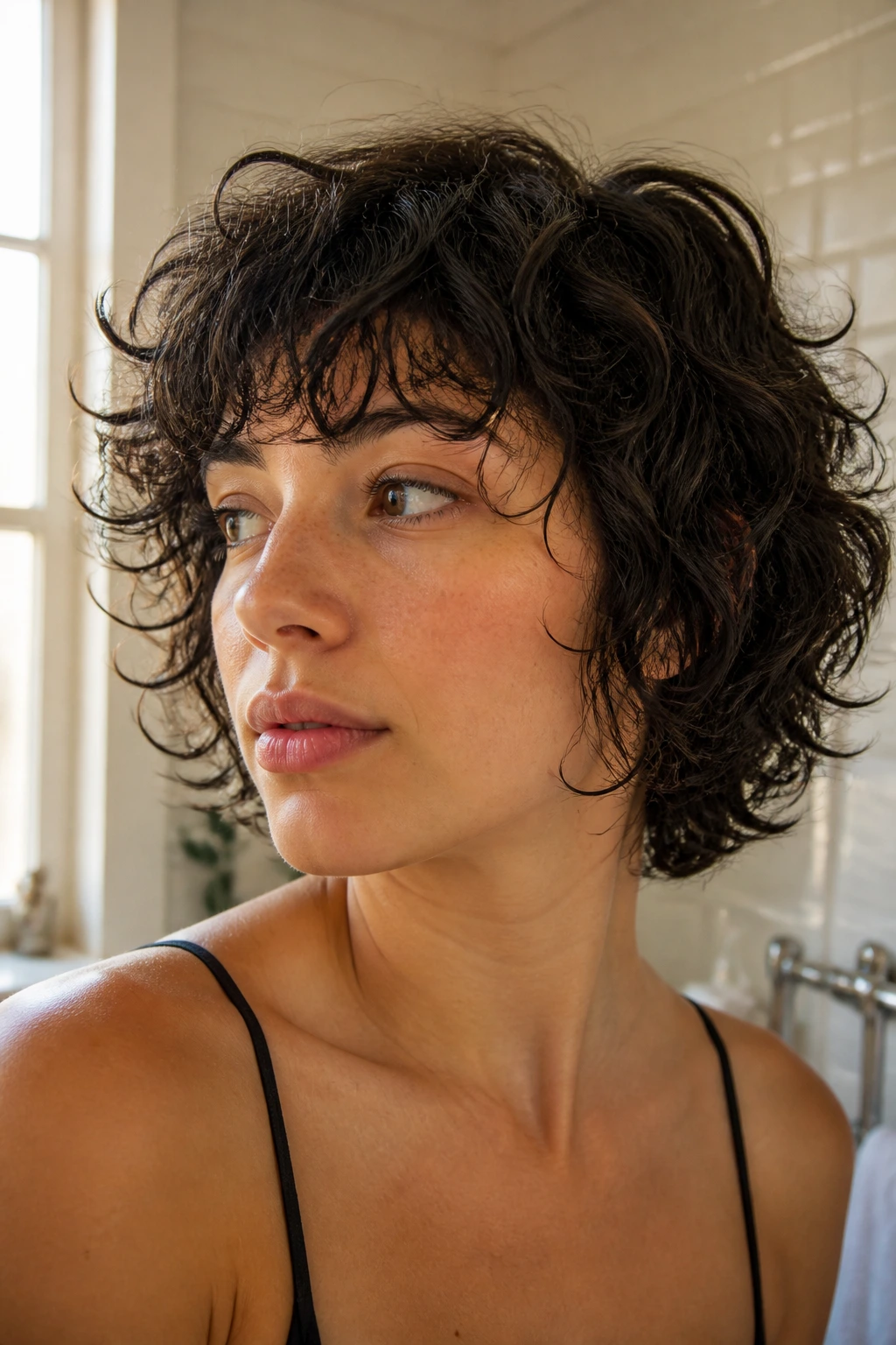 Close-up of a real woman with a short curly shag showing wash-day texture