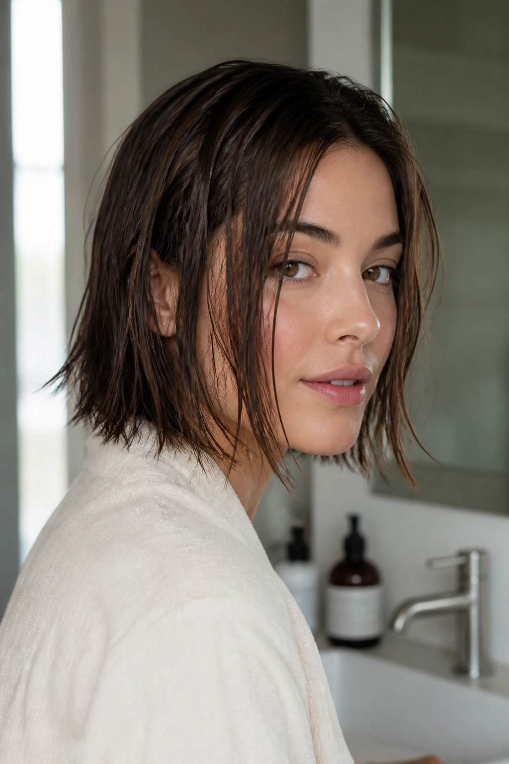 Portrait of a real woman with damp hair in a bathroom after washing