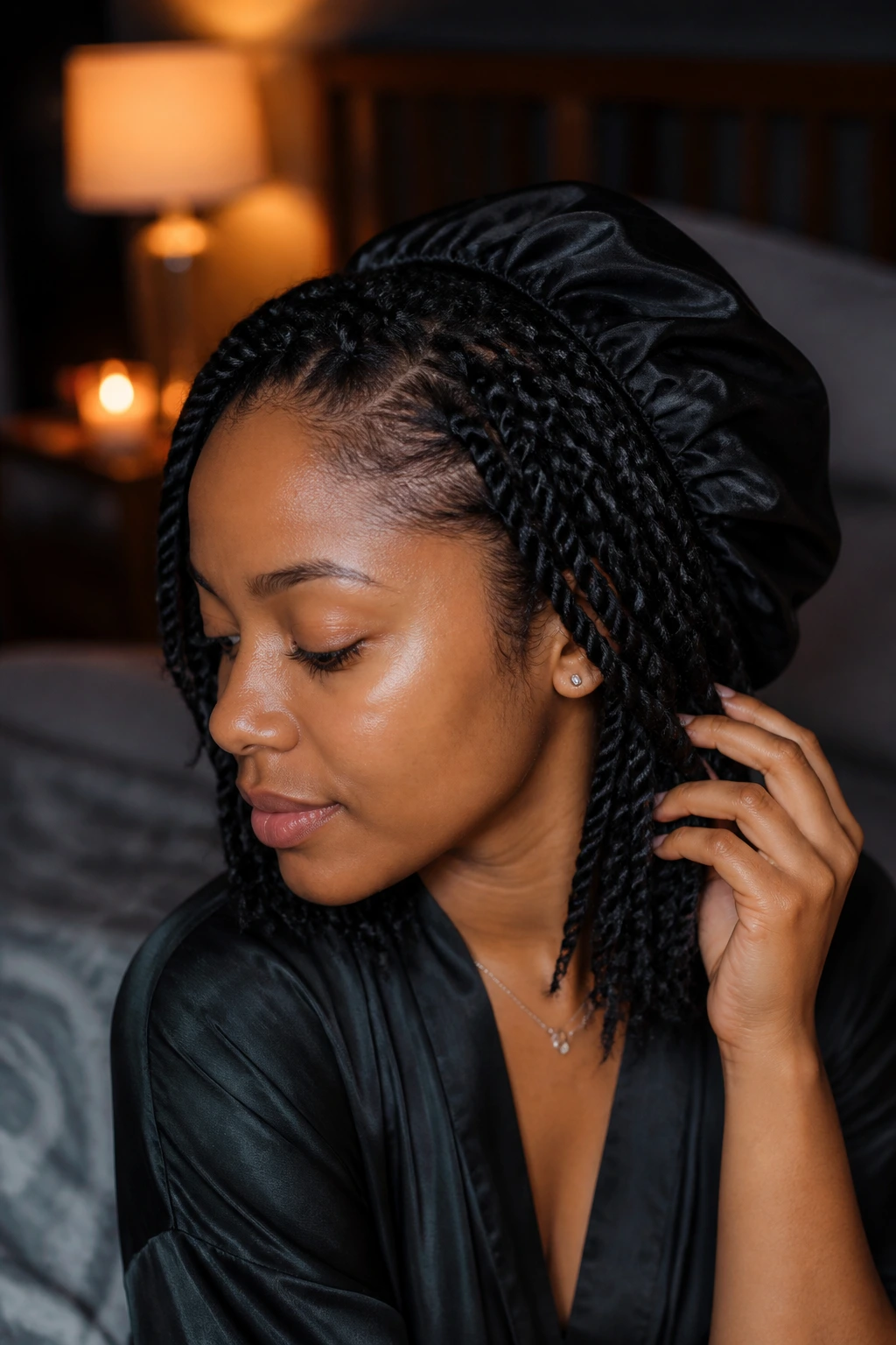 Close-up of a real person with sleek twists under a satin bonnet in a softly lit bedroom
