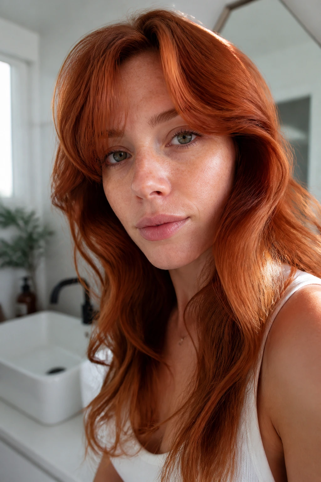 Portrait of a person with vibrant red hair in a bathroom setting