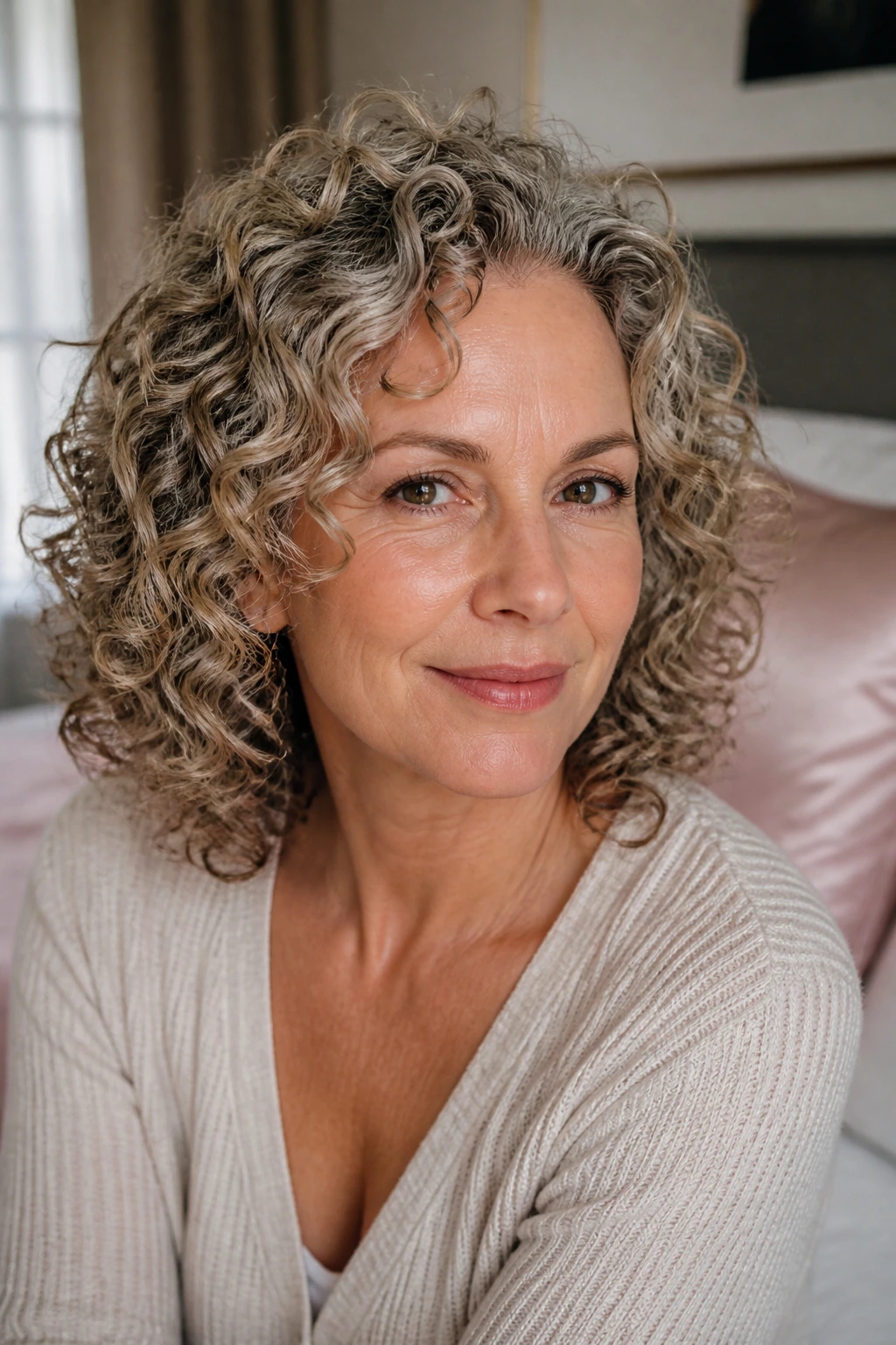 Real woman with curls between wash days, silk pillowcase in background