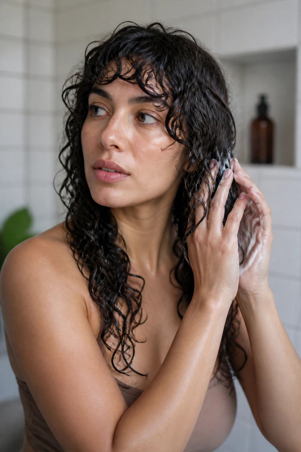 Medium close-up of a real woman styling wet curls on wash day