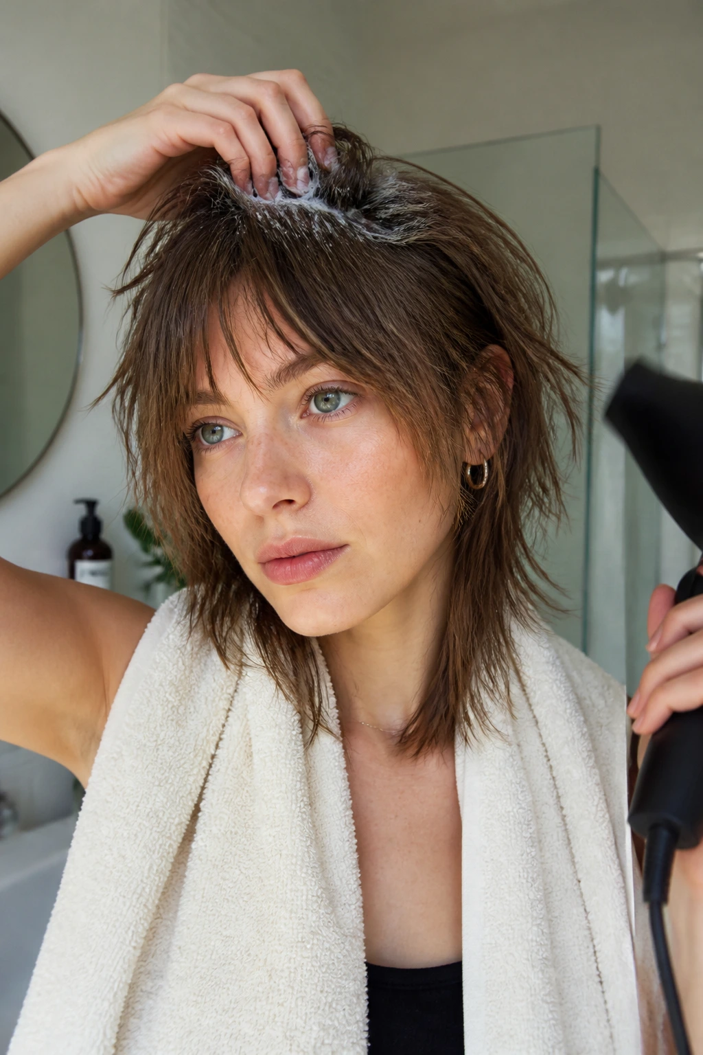Portrait of a real woman styling damp roots with mousse in a bright bathroom