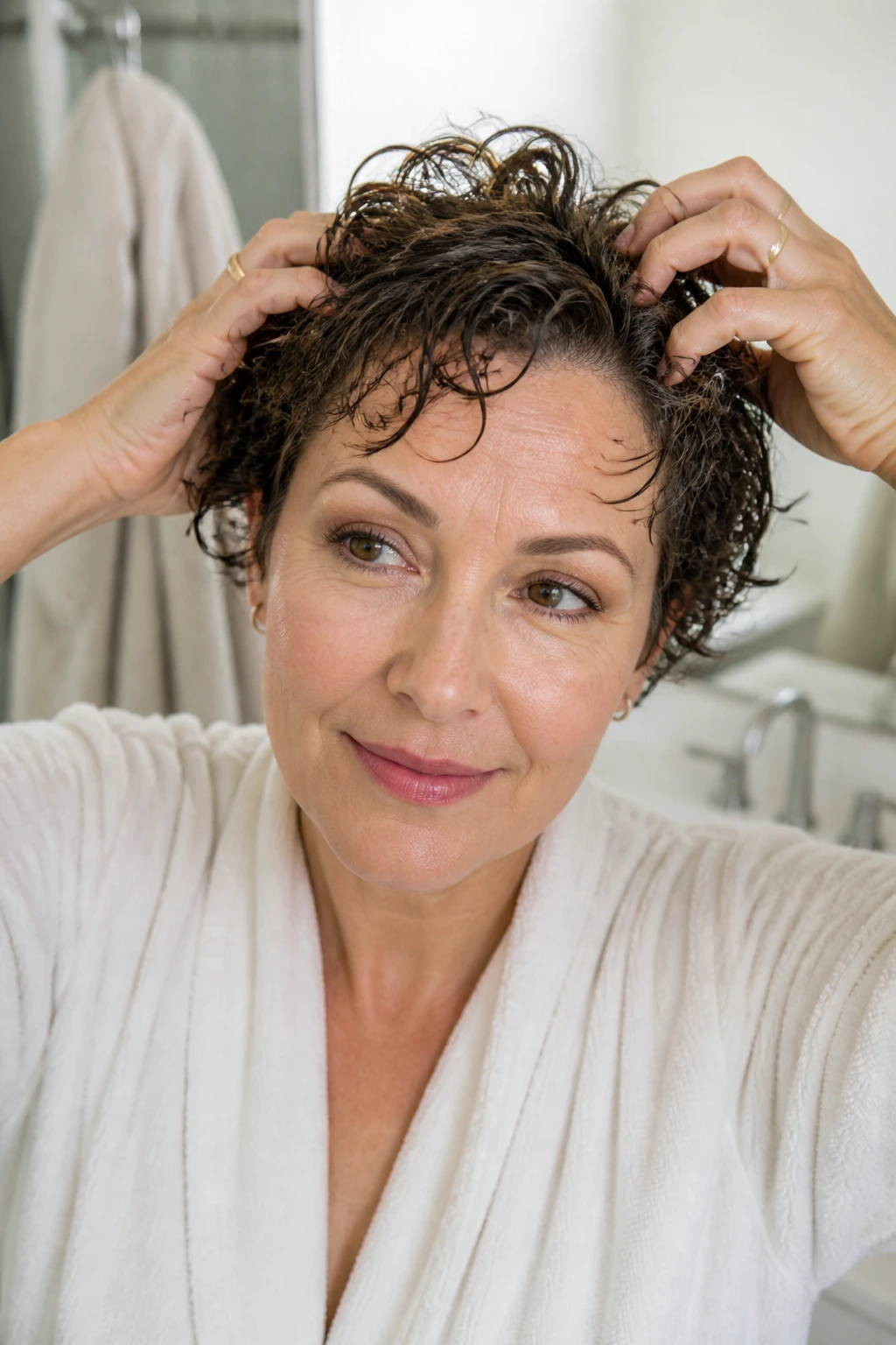Portrait of a real woman styling her short curls on wash day in a bathroom.