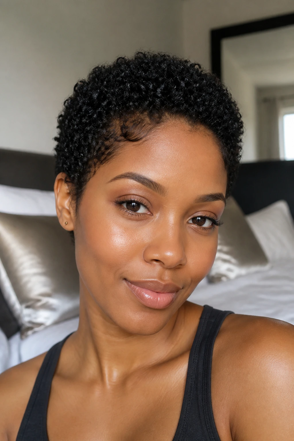 Close-up portrait of a real Black woman with fresh short curls in a bedroom setting.