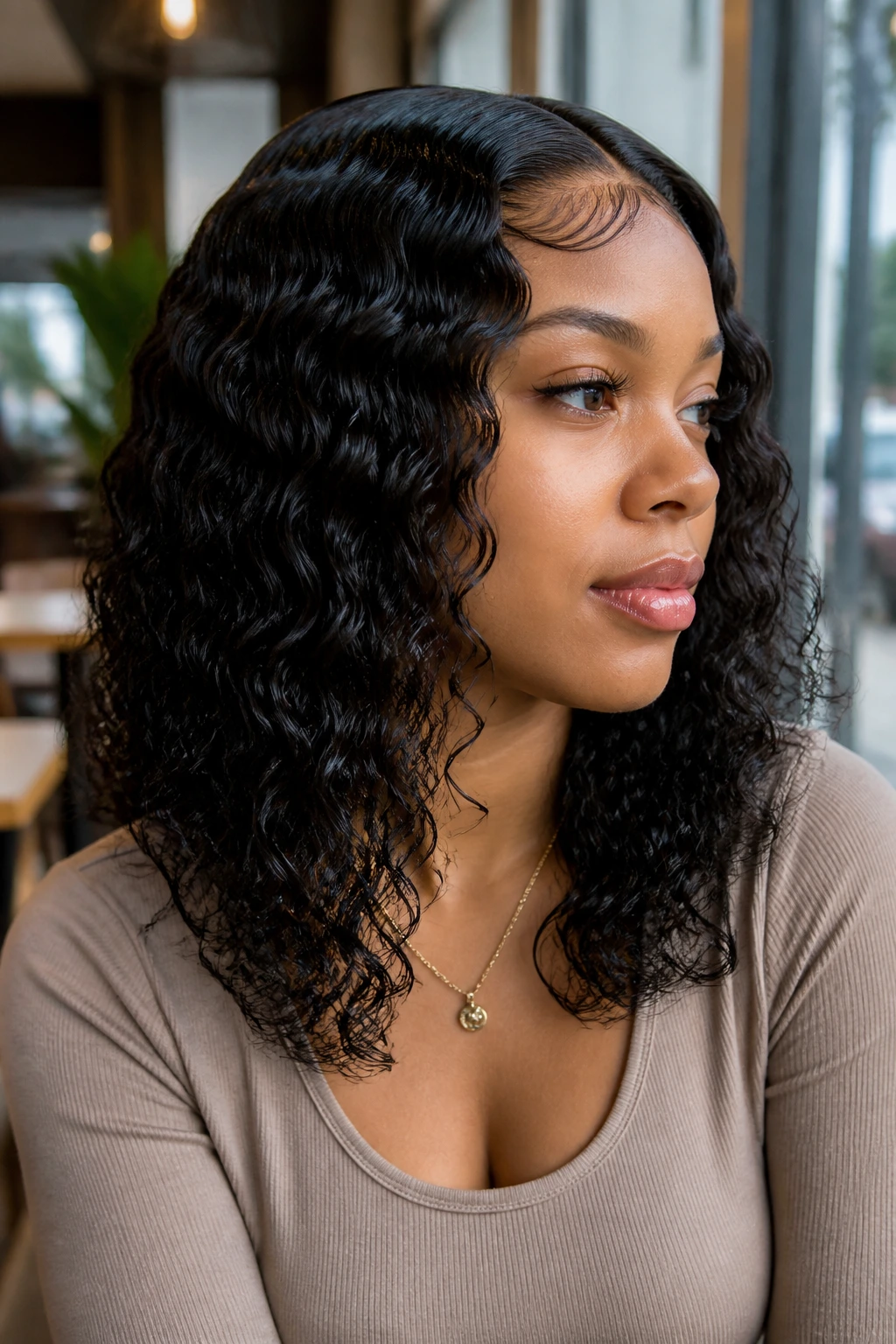 Close-up portrait of a real woman with shoulder-length water-wave crochet.