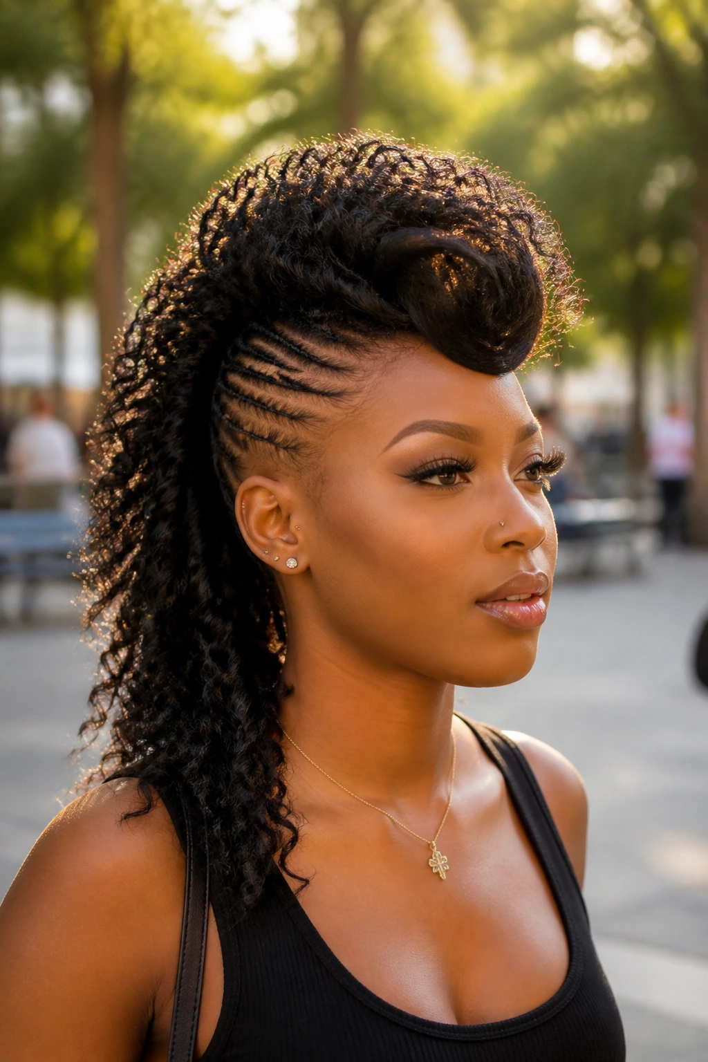 Close-up of a real Black woman with water wave puff mohawk outdoors