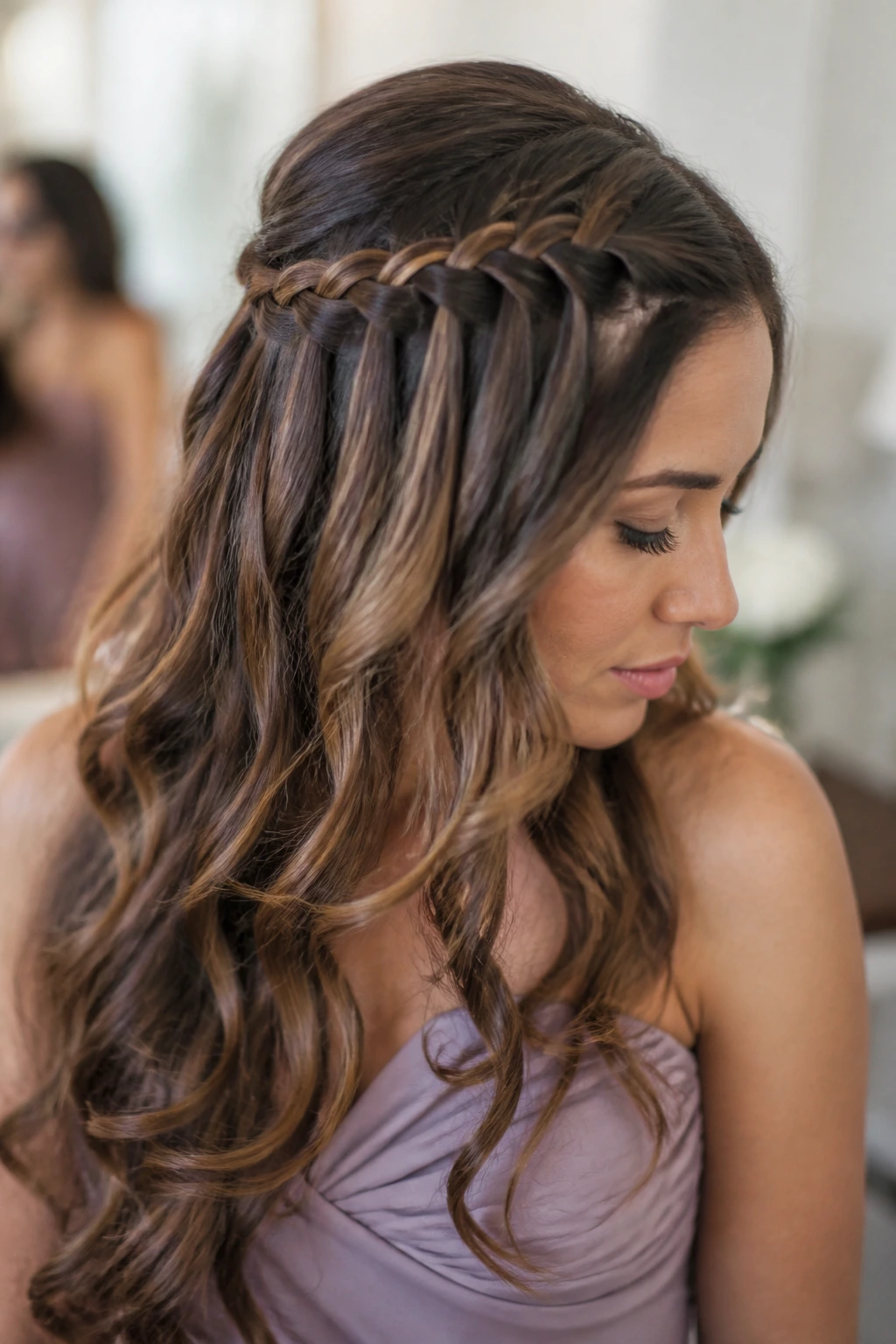 Close-up of a real woman with a waterfall braid sweep hairstyle.