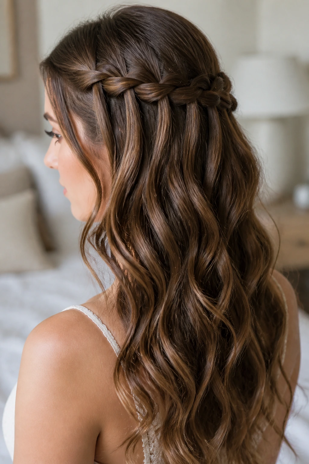 Close-up of a real woman's waterfall braid over barrel waves