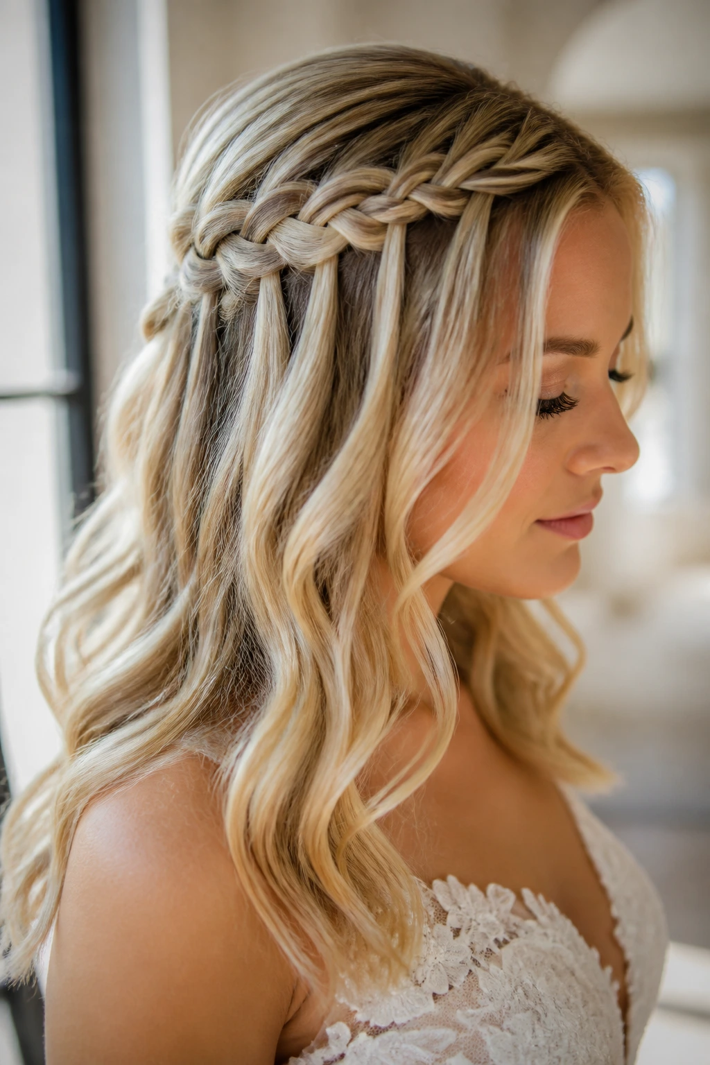 Close-up of a blonde bride with a waterfall braid and soft waves