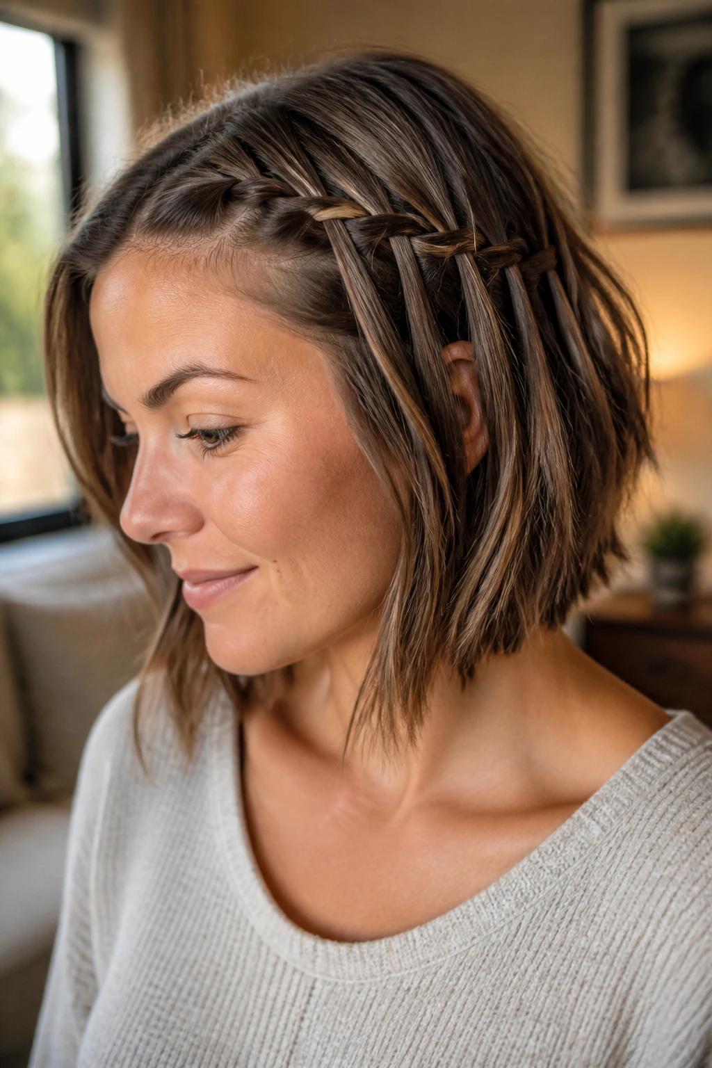 Close-up portrait of a real woman with a short bob showing a waterfall braid along the temple