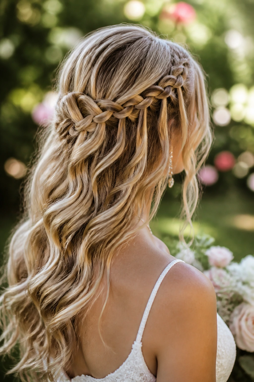 Close-up of a bride with waterfall braid half-up in a sunlit garden