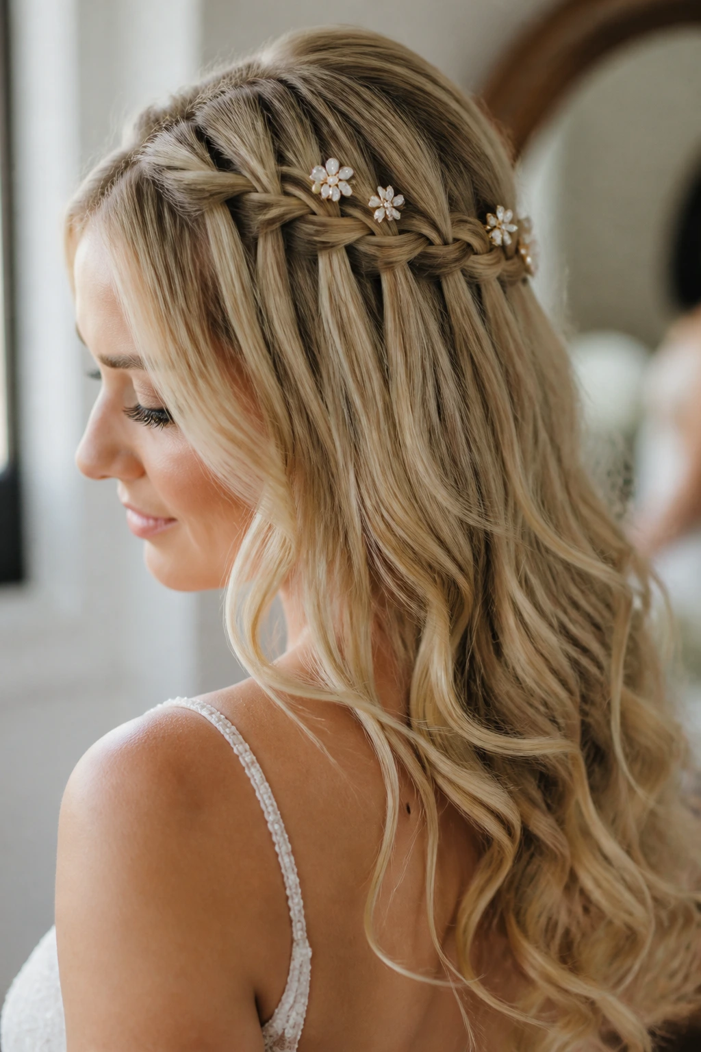 Portrait of bride with waterfall braid and loose ends, floral pins along the braid path