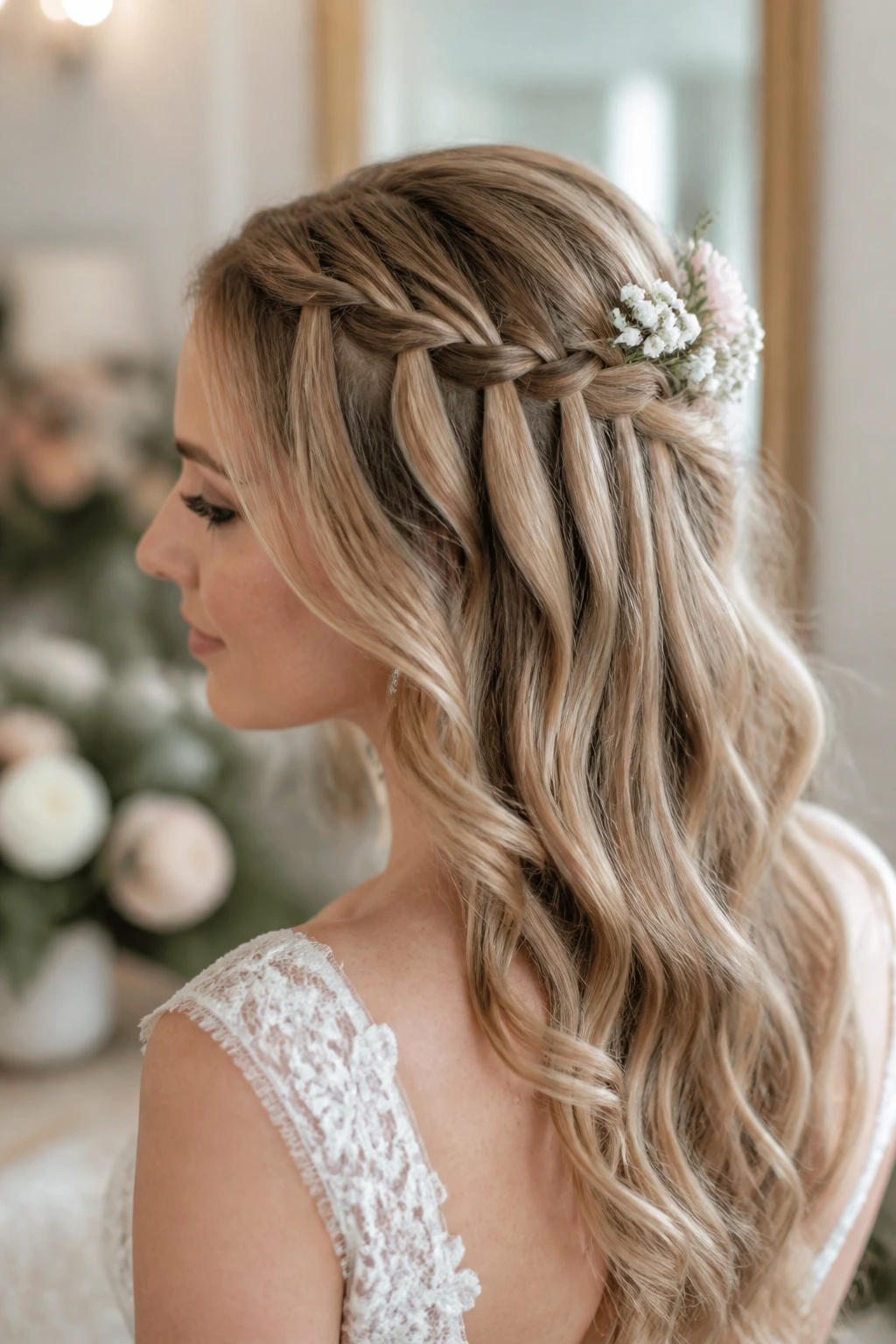 Close-up of a bride wearing a waterfall braid half-up with loose waves in a sunlit bridal suite