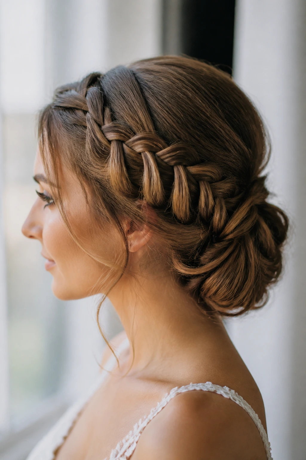 Bride profile with side waterfall braid flowing into a low knot.