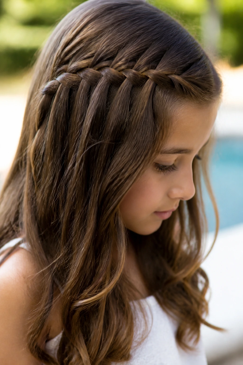 Close-up of brunette girl with a waterfall braid over loose hair