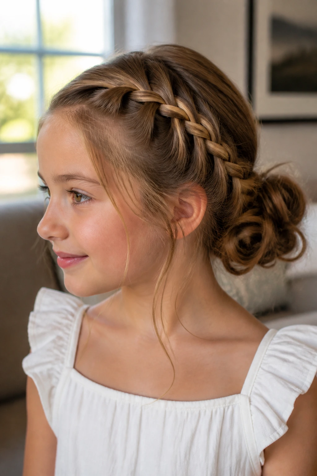 Close-up of a child with a waterfall braid ending in a bun