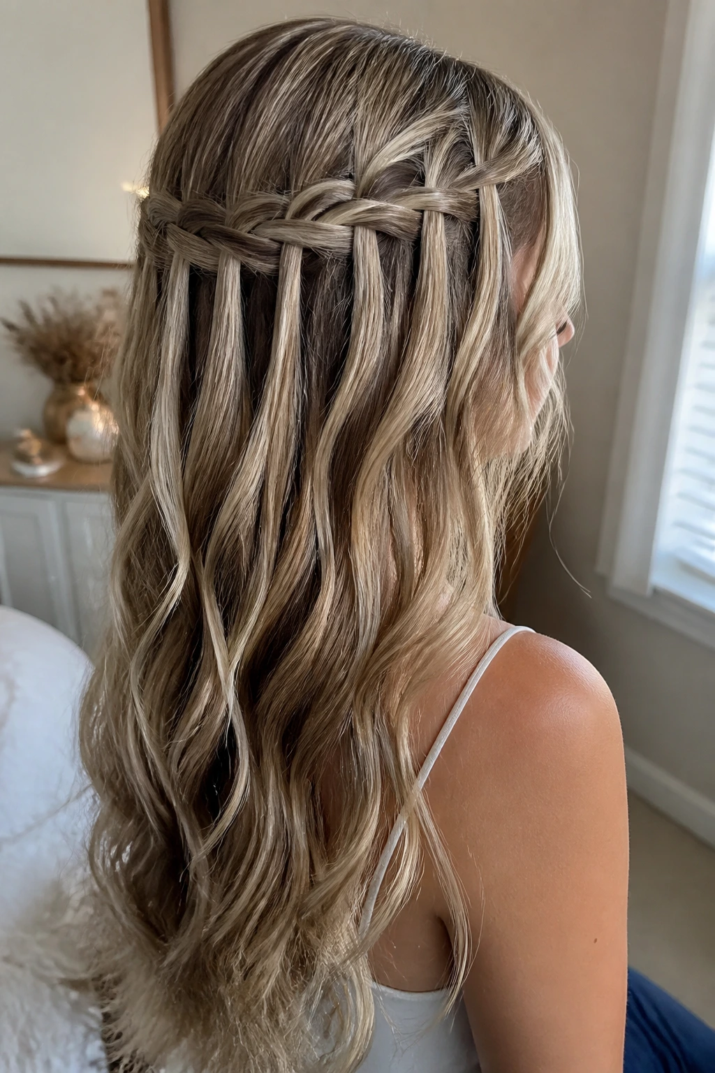 Close-up of a real woman with a waterfall braid cascading along the back of her head