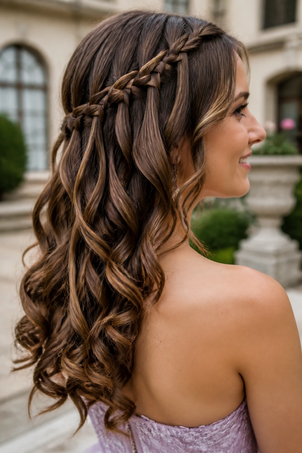 Close-up of a real woman with a waterfall braid and cascading curls on one side.