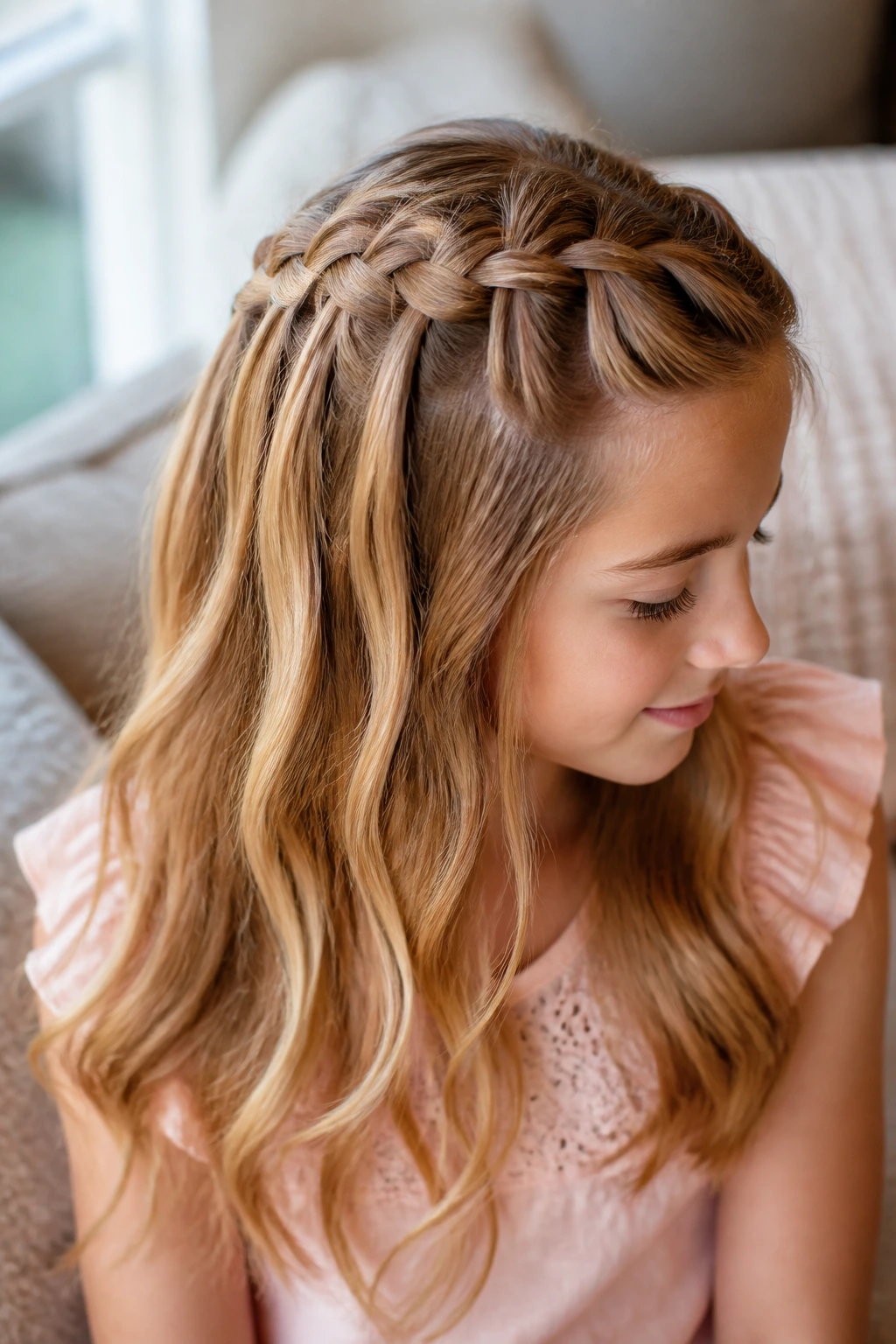 Portrait of a girl with a waterfall half-up braid with loose strands