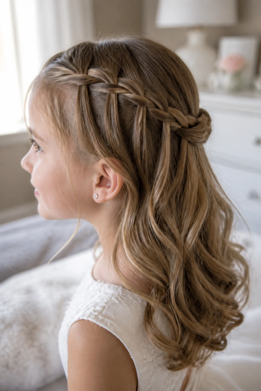 Profile close-up of a real child with waterfall braid and pinned ends hairstyle