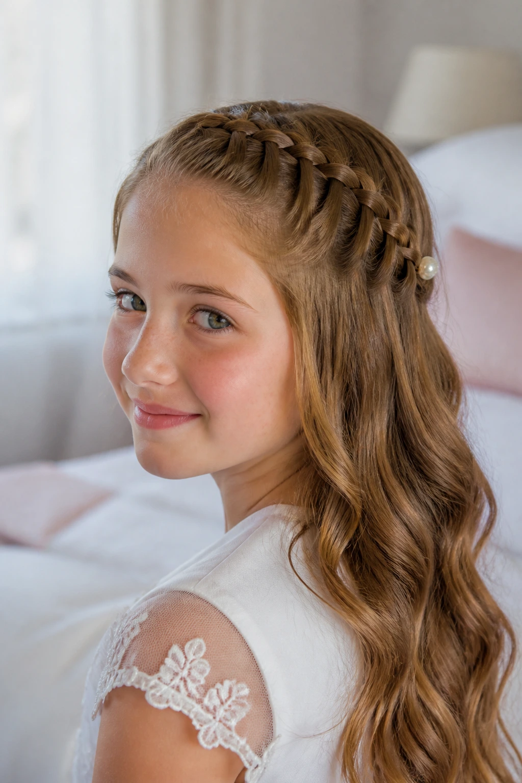 Close-up of a real child’s waterfall braid over soft waves with a pearl pin